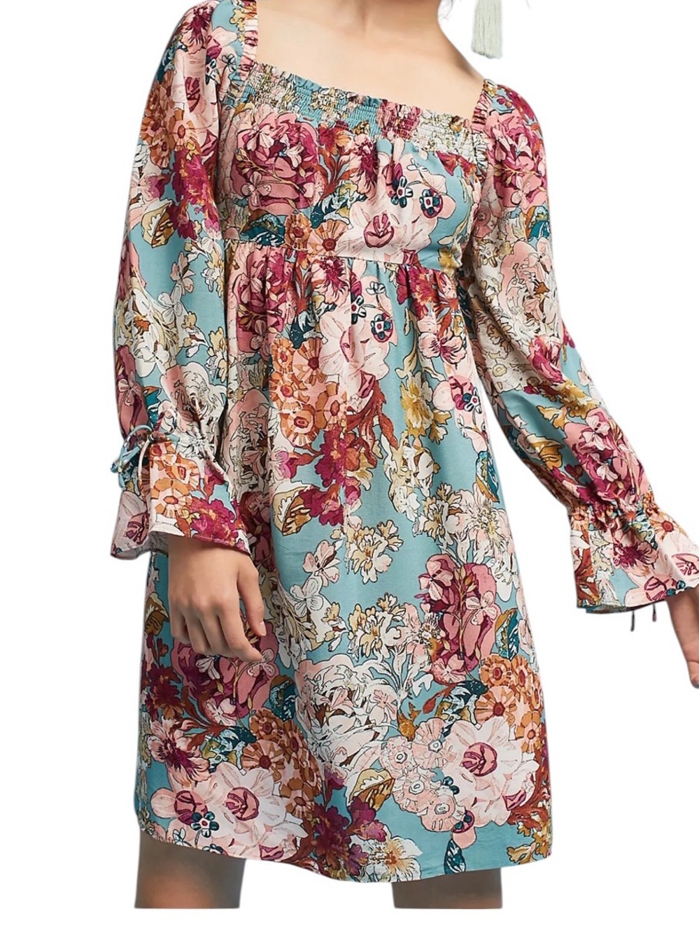 Maeve Milou Floral‎ Square-Neck Mini Dress - Teal, Pink & Cream Size Medium 📦